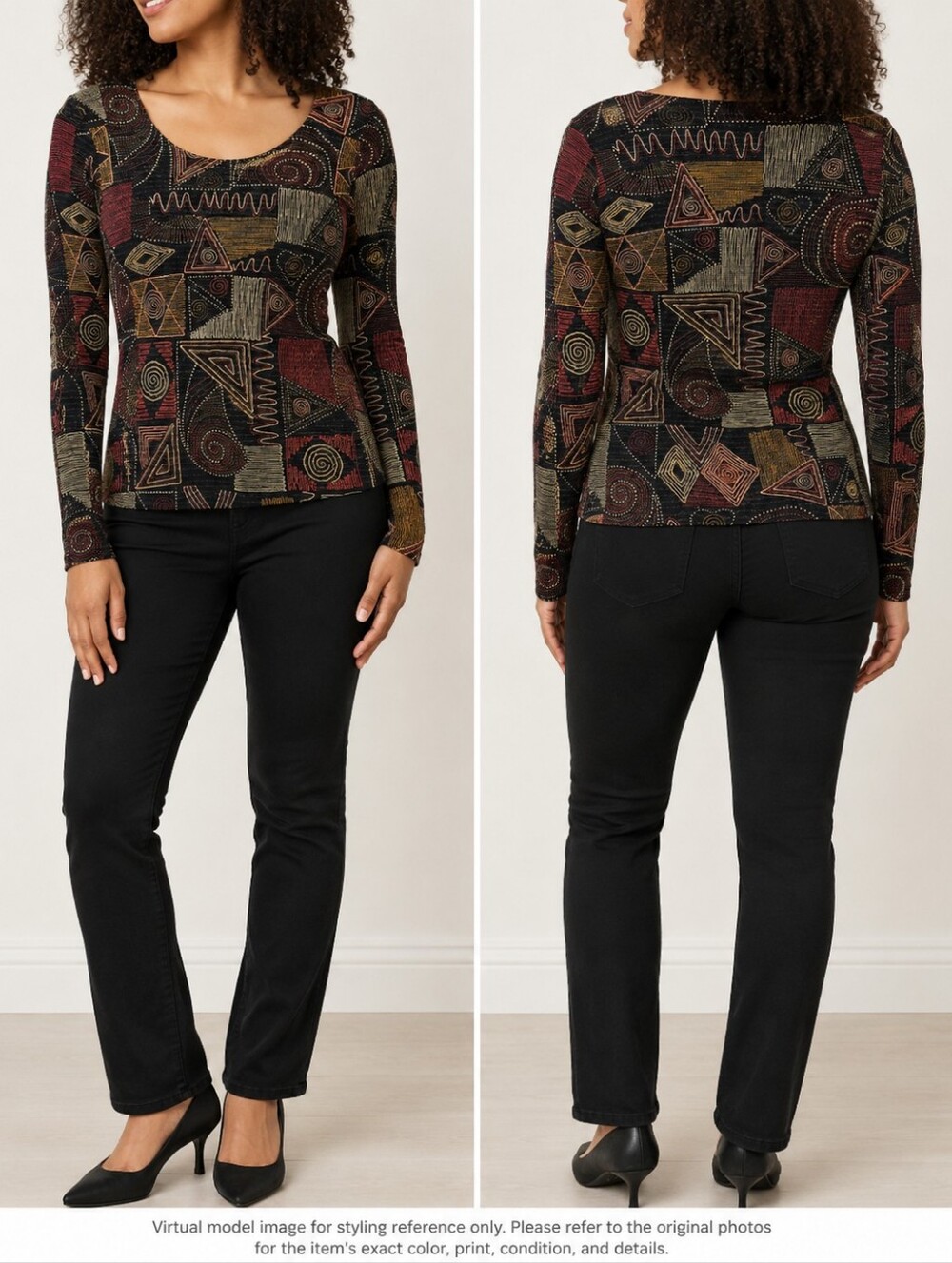 Y2K Abstract Geometric Glitter Stretch Top Women’s Medium Black Red Gold